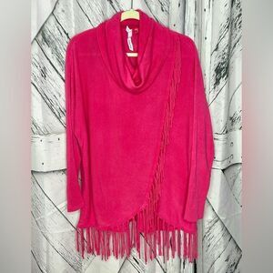 NY Collection Sweater Cowl Neck Fringe Tunic Pink M